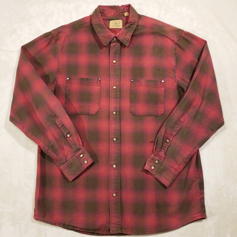 Red Head Ranch Pearl Snap Flannel‎ Shirt Mens Large Red Brown Plaid Western